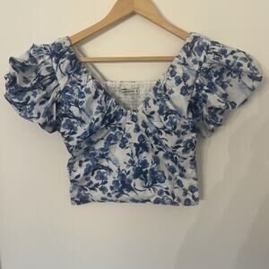 Abercrombie & Fitch Blue Floral Blouse Small Smocked Puff Sleeve Crop